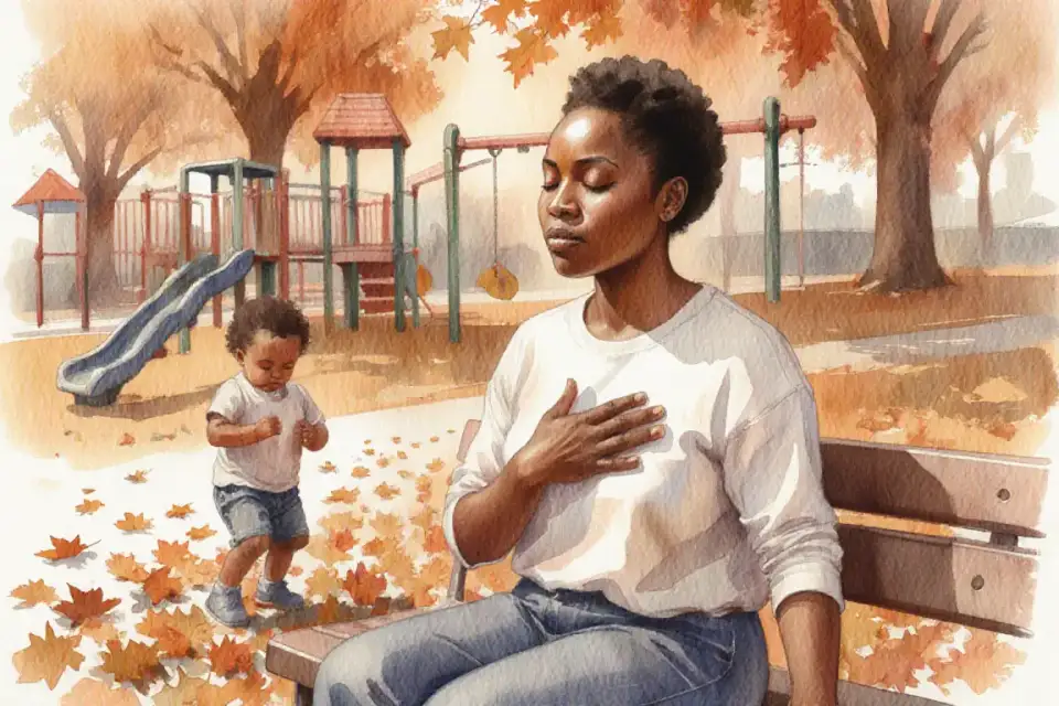 Watercolor scene of an African mother in her late twenties practicing breathing technique while sitting on a park bench, autumn afternoon light, golden hour glow, her toddler playing with leaves nearby, she has eyes gently closed, hand on chest, peaceful expression, background shows blurred playground equipment and falling amber leaves, painted in warm ochre, burnt orange and soft brown tones, impressionistic style with visible brushstrokes, conveying moment of self-care amidst daily chaos
