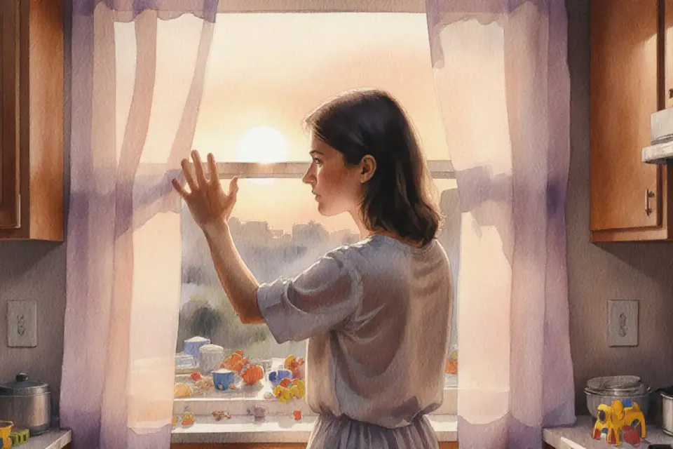 Soft watercolor painting of an overwhelmed mother standing at a kitchen window at golden hour, her silhouette backlit by warm sunset light streaming through sheer curtains, one hand pressed against the glass, the other clenched at her side, kitchen chaos softly blurred in background with scattered toys and dishes, color palette of warm amber, soft peach, calming lavender, gentle brushstrokes suggesting both tension and hope, intimate close-up perspective from shoulder level, shallow depth of field focusing on her contemplative profile, emotional atmosphere of raw vulnerability meeting quiet strength