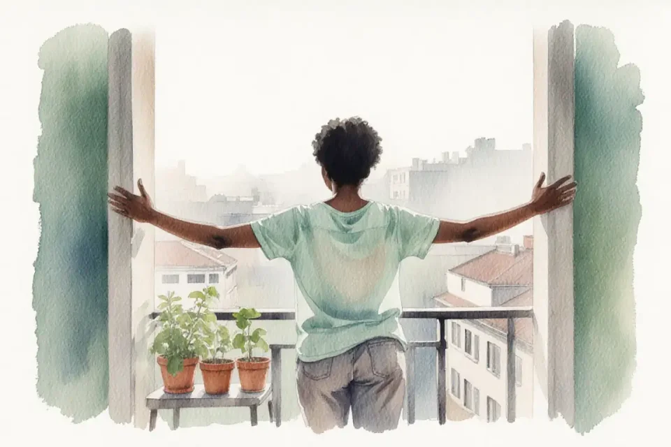 Watercolor illustration showing a young African mother in casual home clothes stepping out onto a small apartment balcony, her back to viewer, arms stretched wide embracing fresh air, potted herbs and small plants on balcony railing, early morning mist in urban background with soft rooftops visible, color palette of cool mint green, soft grey-blue, gentle cream, loose flowing brushwork suggesting movement and release, medium wide shot from inside looking out, natural light creating gentle rim lighting, atmosphere of intentional pause and self-care