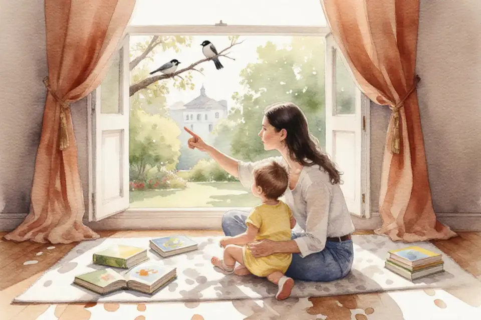 Whimsical watercolor scene of a Portuguese mother and toddler sitting together on a soft rug by a large window, both looking out at birds on a tree branch, morning light creating dappled patterns on the floor, scattered colorful picture books around them, mother pointing gently at window, child leaning into her side, color palette of warm terracotta, soft sage green, buttery yellow, delicate brushstrokes with visible water blooms, eye-level intimate perspective, deep depth of field showing both figures and garden view, atmosphere of gentle redirection and reconnection