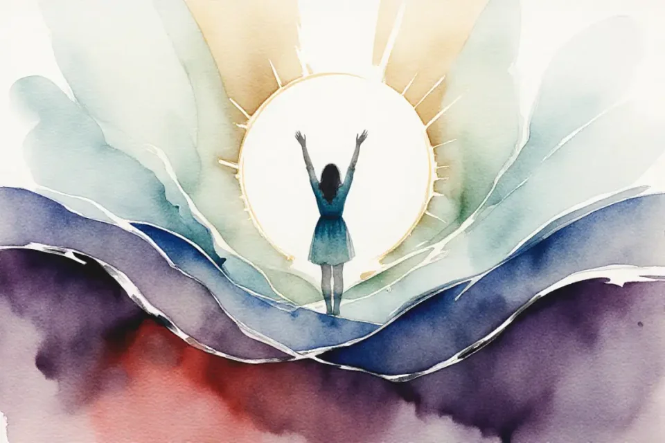 Conceptual watercolor artwork showing abstract representation of emotional healing, flowing waves of color transitioning from stormy dark purple and red at bottom to calm soft blues and gentle greens at top, delicate golden light rays breaking through, small silhouette of a woman with arms raised in center, surrounded by protective circle of warm light, loose fluid brushstrokes suggesting movement from chaos to calm, vertical composition with upward energy flow, dreamy atmospheric quality, color palette of deep plum, soft aqua, warm gold, pale sage, ethereal and hopeful mood