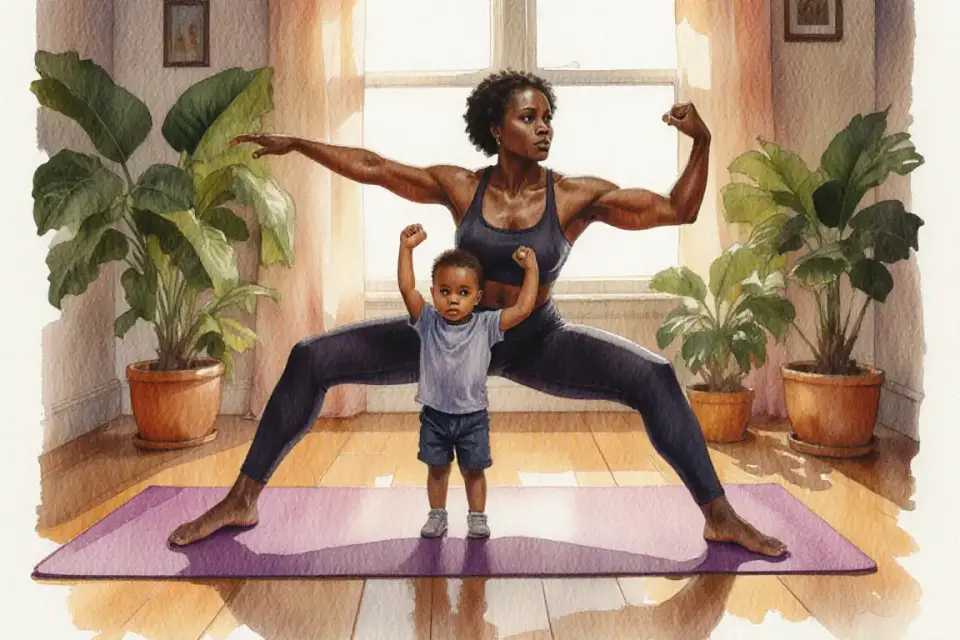 Watercolor portrait of a strong African mother in warrior II pose on a purple yoga mat in a cozy living room with plants, her toddler standing in front of her mimicking the arm position, golden hour light from a nearby window, warm amber and deep green tones, 85mm portrait perspective with shallow depth of field focusing on their faces, serene and empowering mood, intimate connection visible