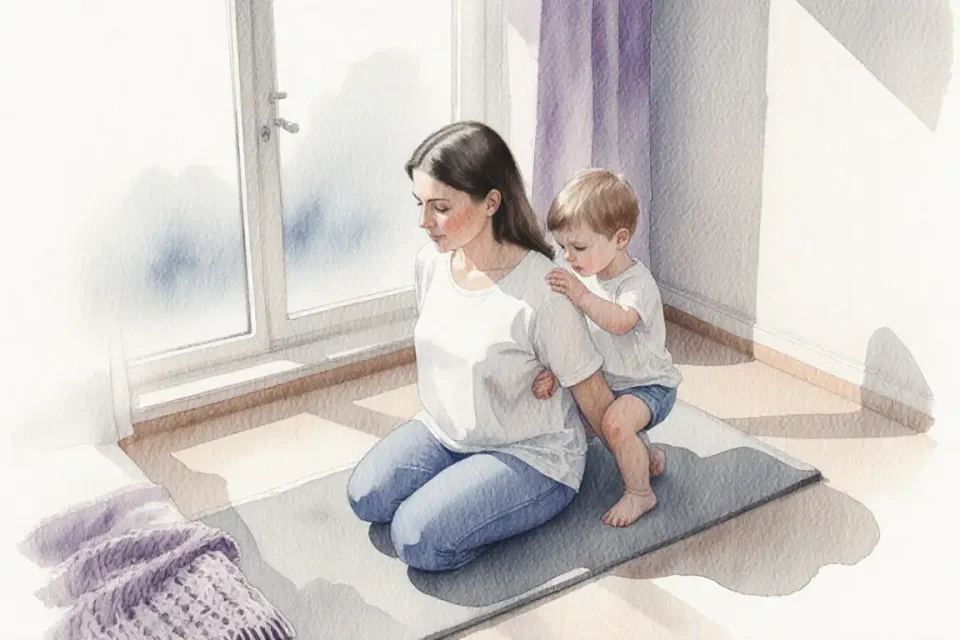 Watercolor illustration of a peaceful scene with a European mother in child pose on a soft gray mat in a quiet corner of a bedroom, her toddler gently sitting on her lower back, diffused natural light from a frosted window, muted lavender and cream tones, close-up perspective showing the tender moment, high angle view, soft focus background with a knitted blanket, calming and restorative atmosphere