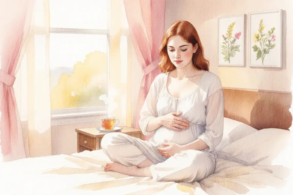 Soft watercolor illustration showing a peaceful early morning scene in a sunlit bedroom, warm golden light streaming through sheer curtains, a young European woman with auburn hair sitting cross-legged on a cozy bed covered with cream-colored linen, gently placing her hand on her lower belly with a serene, hopeful expression, delicate botanical prints on the wall, a steaming cup of herbal tea on the nightstand, pastel pink and soft yellow tones creating an atmosphere of quiet wonder and new beginnings, painted with gentle brushstrokes and dreamy transparency