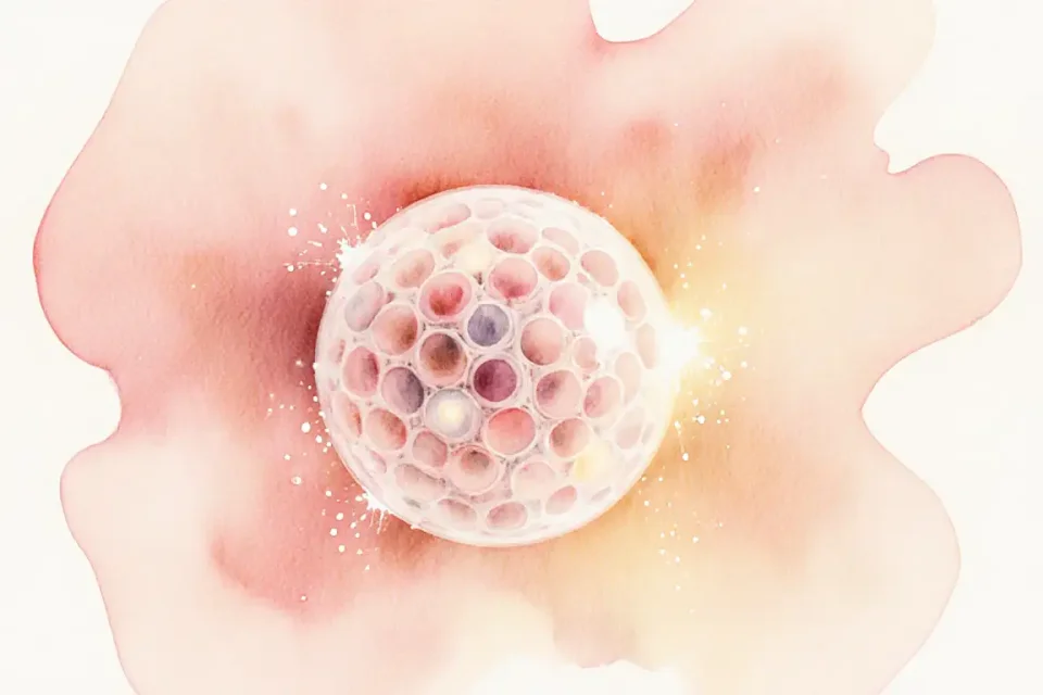 Detailed watercolor painting in warm coral and rose tones showing an abstract close-up visualization of a blastocyst, depicted as a delicate spherical cluster of soft translucent cells with gentle luminosity, floating in a dreamy fluid environment with subtle pink and cream gradients, tiny cellular details painted with fine brushwork, surrounded by a soft golden glow suggesting the nurturing warmth of the uterine lining, scientific accuracy combined with artistic beauty, painted with layered transparent washes creating depth and ethereal quality