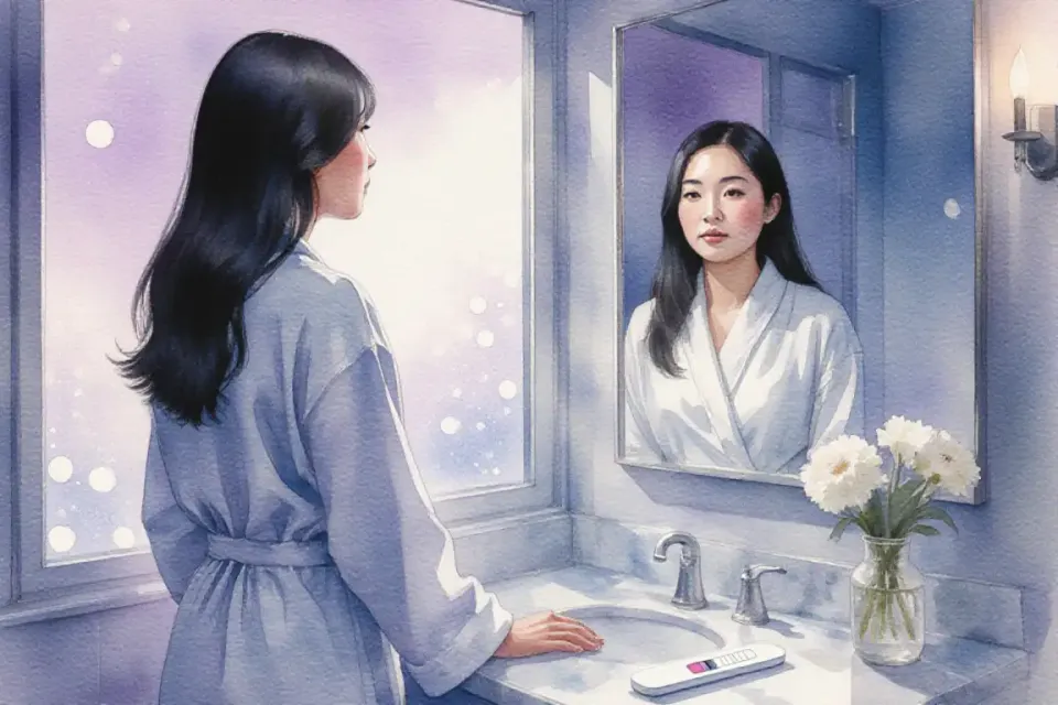 Atmospheric watercolor scene showing a serene bathroom interior at dusk, soft lavender and blue twilight filtering through a frosted window, an Asian woman with long black hair in a comfortable cotton robe standing before a mirror, gentle expression of contemplation mixed with hope, a pregnancy test visible on the marble countertop beside a small vase with fresh white flowers, painted with loose flowing brushstrokes, dreamy bokeh-like light effects, intimate and tender mood capturing the quiet moment of discovery