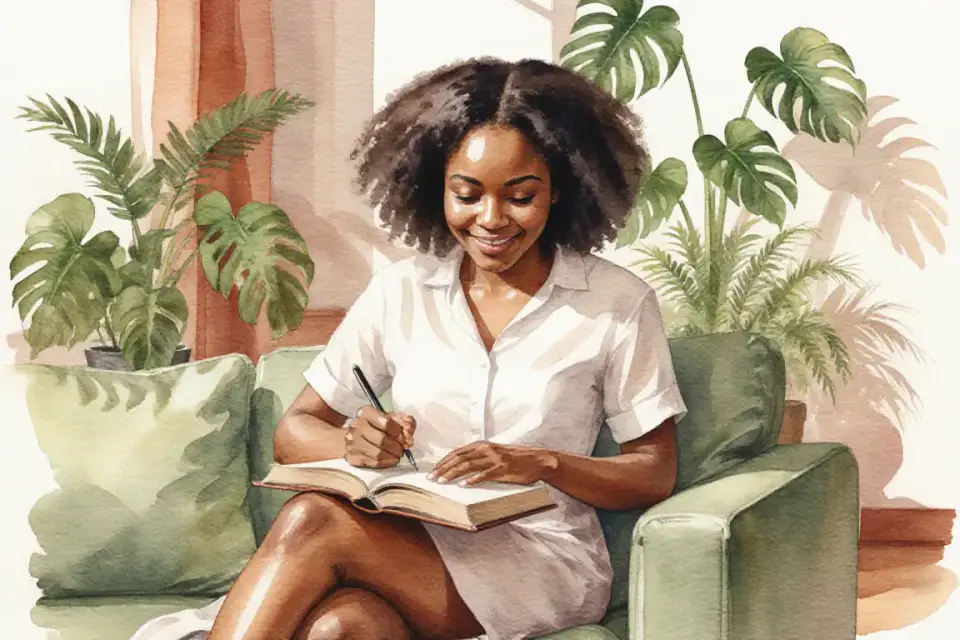 Peaceful watercolor illustration of an African woman with natural curly hair in a bright, plant-filled living room, late afternoon golden hour light, sitting comfortably on a sage green sofa with her feet tucked under her, writing thoughtfully in a leather-bound journal, a soft smile on her face, potted ferns and monstera plants in the background, warm terracotta and green tones, painted with expressive loose brushwork suggesting calm reflection and self-care, gentle shadows creating depth and intimacy