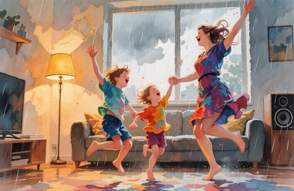 Watercolor illustration of a European mother and two children dancing wildly in their living room during a rainstorm, window showing rain streaks and grey sky, warm indoor lighting from floor lamp casting golden glow, all three jumping and spinning with arms raised, motion blur effect in brushstrokes, medium shot from eye level capturing joy and release, vibrant colors of clothing against neutral room tones, speakers visible in corner, cozy yet energetic atmosphere, 50mm perspective with moderate depth of field, spontaneous expressive style