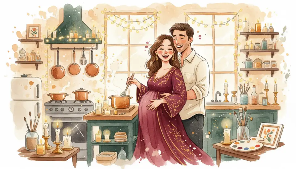 Playful watercolor illustration showing a couple dressed up for a romantic home date night, she wears an elegant dress with a baby bump visible, he is in a casual shirt, they are cooking together in a warmly lit kitchen decorated with fairy lights and candles, rich burgundy and gold tones, joyful and flirtatious atmosphere, celebrating creativity and fun in their relationship