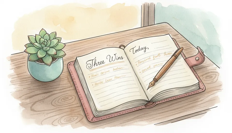 Ilustração de aquarela caprichosa mostrando uma pequena mesa de madeira com um diário de gratidão aberto, uma caneta de fonte repousando em páginas forradas com entradas manuscritas, uma pequena suculenta ao lado, luz suave da noite lançando um brilho quente, paleta de cores em rosa empoeirado, azul suave e bege quente, delicadas contornos de tinta com lavagens de aquarela, texto visível na página lido Três Vitórias Hoje em uma elegante caligrafia, atmosfera de celebração suave e reconhecimento consciente, médio plano com um leve ângulo acima, humor geral de alegria tranquila e autoconhecimento.