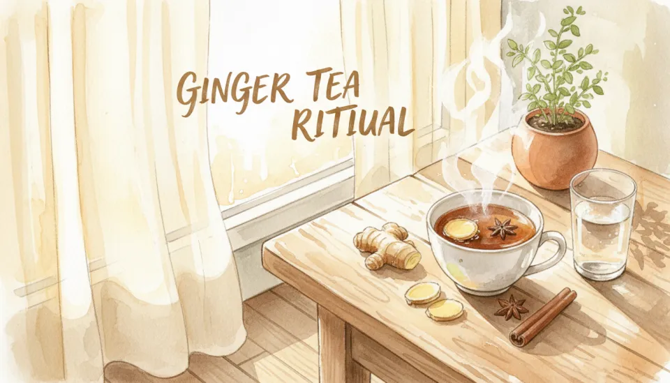 Watercolor illustration in warm amber and cream tones showing a cozy morning scene with a steaming cup of ginger tea on a wooden table beside a window, soft morning light streaming through sheer curtains, a small potted plant nearby, painted with gentle brushwork and luminous highlights, creating a peaceful and nurturing atmosphere, composition from a slightly elevated angle looking down at the table, evoking comfort and self-care, text overlay reading GINGER TEA RITUAL in elegant handwritten script