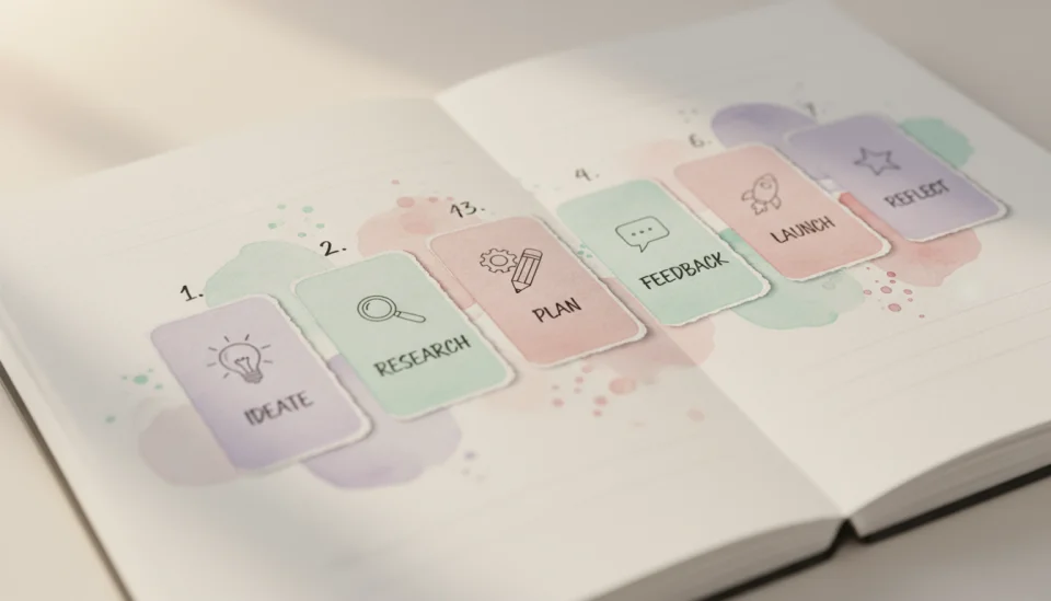 Watercolor infographic panel illustration showing seven numbered question cards arranged in a gentle arc, each card featuring a simple icon and short keyword in elegant handwritten style, soft color palette of lavender, mint and blush pink, delicate watercolor washes creating depth, the composition suggesting a step-by-step guide, warm natural light from top left, shallow depth of field with focus on center cards, styled like a modern journal spread with subtle texture and organic shapes