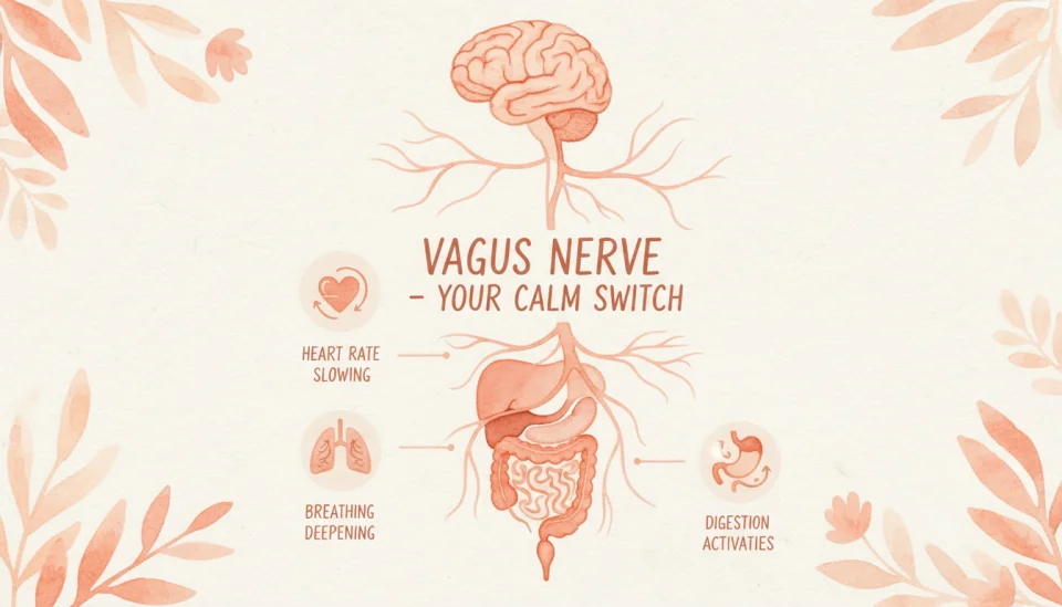 Educational watercolor infographic showing the vagus nerve pathway in soft anatomical illustration style, warm peach and coral tones, gentle brushwork depicting the nerve running from brain through chest to abdomen, labeled in clear English text: VAGUS NERVE - YOUR CALM SWITCH, small icons showing heart rate slowing, breathing deepening, digestion activating, painted on textured cream background with delicate botanical elements in corners, medical illustration meets artistic warmth, informative yet comforting visual