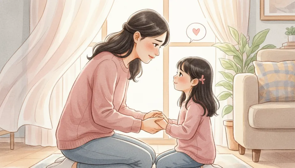 Tender watercolor illustration of an Asian mother kneeling at eye level with her young daughter in a cozy living room corner, both holding hands, mother's face showing gentle remorse and love, soft afternoon light through sheer curtains, warm color palette of dusty rose, cream, soft grey-blue, loose expressive brushwork capturing emotional intimacy, close-up perspective focusing on their connected hands and faces, shallow depth of field with soft background, atmosphere of repair, vulnerability and unconditional love, small text element showing speech bubble with heart symbol