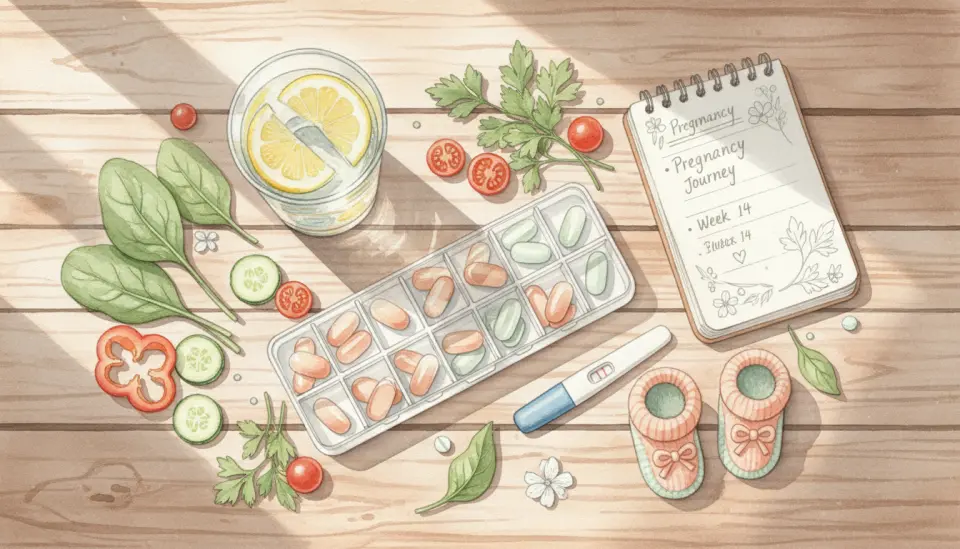 Warm watercolor illustration in soft peach and mint green tones showing a creative flat lay composition on a rustic wooden table, top-down view, featuring a weekly pill organizer with prenatal vitamins, a glass of water with lemon slices, fresh leafy greens and colorful vegetables artfully arranged, a small notebook with handwritten pregnancy notes, a positive pregnancy test beside a tiny pair of baby booties, morning sunlight casting gentle shadows, painted with delicate transparent layers and botanical details, conveying hope, preparation and new life