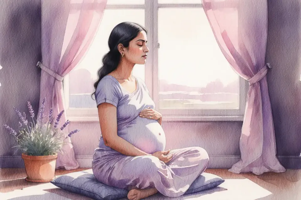 Soft watercolor illustration showing a serene pregnant South Asian woman sitting cross-legged on a cushion near a large window at dawn, gentle pink and lavender light streaming in, her eyes peacefully closed, one hand resting on her belly, the other on her knee in a mudra position, delicate watercolor washes creating a dreamy atmosphere with flowing brushstrokes, potted lavender plant beside her, the scene radiating tranquility and inner peace, painted with transparent layers and soft color gradients typical of traditional watercolor technique