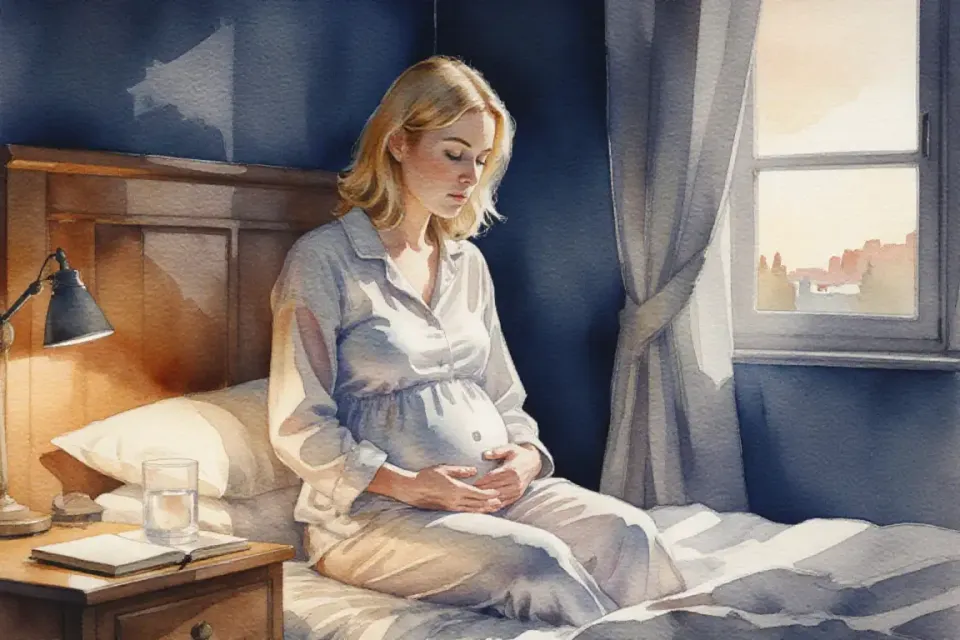 Intimate watercolor scene of a pregnant European woman with blonde hair in a cozy bedroom at twilight, sitting on the edge of her bed in soft pajamas, bedside lamp casting warm golden light, her hands gently placed on her pregnant belly, eyes closed in peaceful concentration, the room painted with loose watercolor strokes in warm ochre and deep blue tones, a journal and water glass on the nightstand, curtains gently flowing, the atmosphere conveying bedtime ritual and self-care, painted with delicate wet-on-wet technique