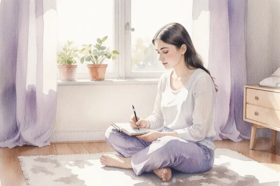 Watercolor illustration of a young mother sitting cross-legged on a soft rug in a sunlit corner of her living room, holding a journal and pen, gentle morning light streaming through sheer curtains, potted plants on windowsill, soft pastel tones of lavender and cream, peaceful introspective mood, shallow depth of field, eye-level perspective, 85mm portrait feel, serene atmosphere of self-reflection and quiet courage