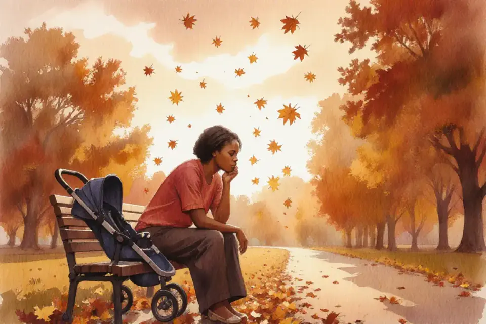 Watercolor scene of an African mother in her late twenties sitting on a park bench at golden hour, baby stroller beside her, looking thoughtfully at autumn leaves falling, warm amber and ochre tones, low angle shot emphasizing sky, 35mm reportage feel, sense of contemplation mixed with gentle melancholy, deep depth of field showing path ahead