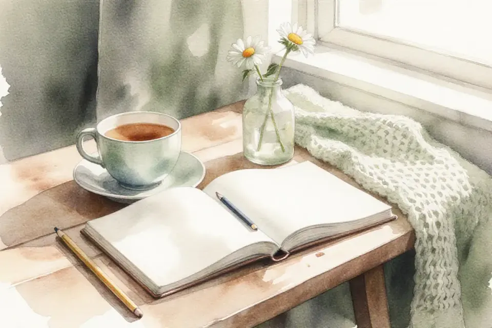 Watercolor still life on wooden table showing self-care ritual items: herbal tea in ceramic cup, open notebook with soft pencil, small vase with single wildflower, cozy knitted blanket corner, diffused natural light from window, high angle view, 24mm wide feel, intimate atmosphere of gentle self-nurturing, muted sage and cream palette