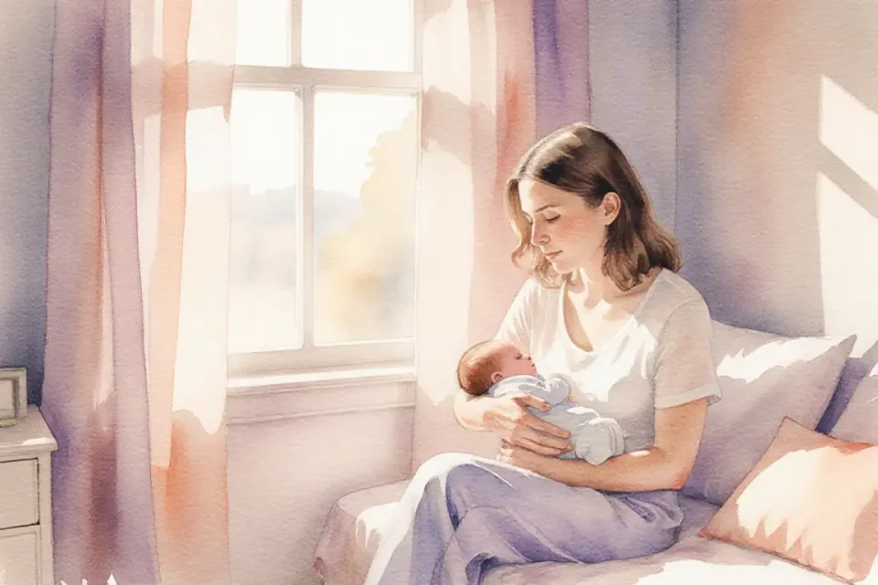 Soft watercolor scene showing a mother sitting in a sunlit nursery corner, gently holding her sleeping newborn while looking out a window at morning light filtering through sheer curtains, warm peach and lavender tones creating a contemplative atmosphere, delicate brushstrokes suggesting both tenderness and inner strength, peaceful yet emotionally complex moment