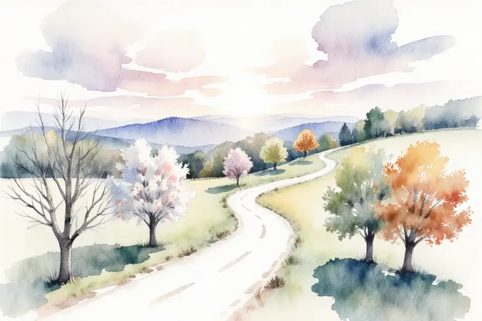 Delicate watercolor depicting a timeline visualization as a winding path through four seasons: winter bare trees representing early postpartum weeks, spring blossoms at 2-8 weeks mark, summer fullness at 6 months, autumn colors at one year, soft pastel palette with gentle transitions, aerial perspective showing the journey of recovery, hopeful atmosphere with light breaking through clouds in the distance