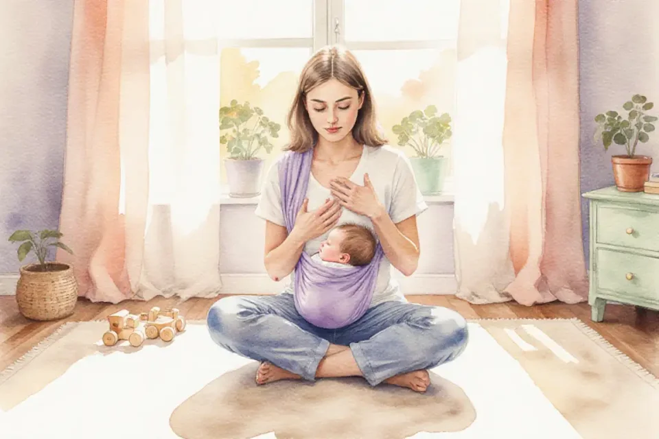 Watercolor painting of a serene young mother sitting cross-legged on a soft cream rug in a sunlit nursery, eyes gently closed, one hand resting on her heart, the other cradling her sleeping newborn in a sling, morning light streaming through sheer curtains casting warm golden hues across the scene, delicate pastel tones of peach, lavender, and soft mint green, peaceful atmosphere with potted plants and wooden toys scattered nearby, gentle brushstrokes creating a dreamy, hopeful ambiance, close-up perspective capturing the quiet strength and tenderness in her expression