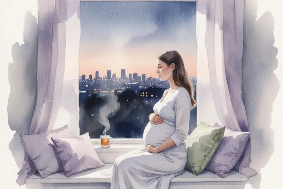 Watercolor illustration in soft twilight tones showing a pregnant woman in her third trimester sitting peacefully on a window seat at dawn, gentle morning light filtering through sheer curtains, her hand resting on her belly, surrounded by soft pillows in muted lavender and sage green, a steaming cup of herbal tea on the windowsill, distant city lights fading as the sky transitions from deep indigo to pale peach, capturing a moment of quiet hope and gentle anticipation, loose brushstrokes creating a dreamy, ethereal atmosphere