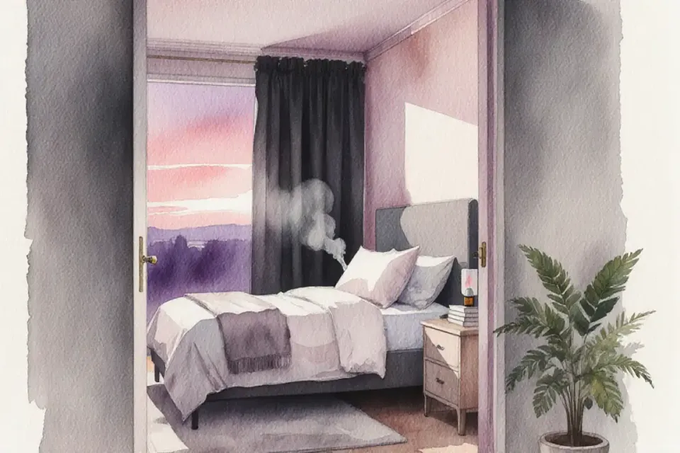 Watercolor illustration of a serene bedroom sanctuary at dusk, view from doorway showing a perfectly made bed with pregnancy pillow, blackout curtains partially drawn revealing purple-pink sunset, small essential oil diffuser releasing gentle mist, stack of books on nightstand, soft rug beside bed, potted fern in corner, color palette of dusty rose, soft gray and warm cream, creating an inviting sleep sanctuary, loose watercolor technique with flowing washes and soft edges