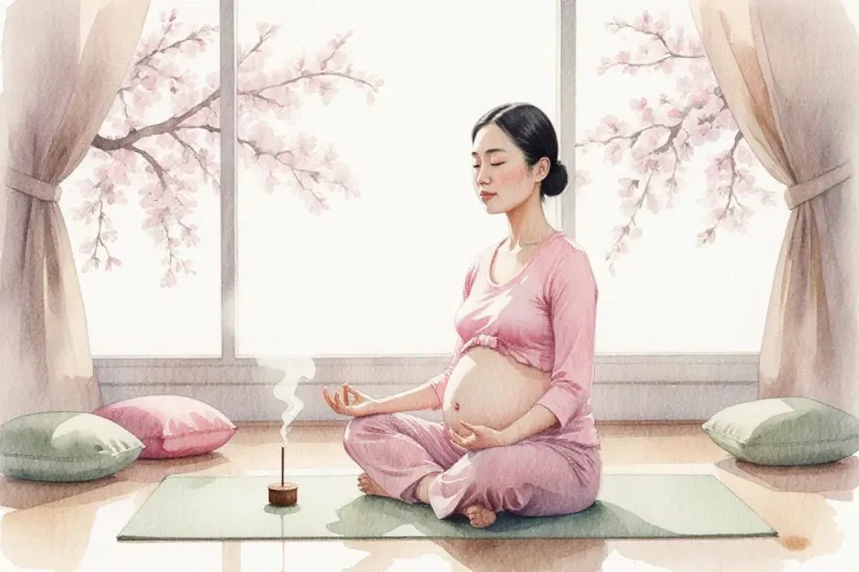 Watercolor scene of an Asian woman in third trimester sitting cross-legged on a yoga mat in early morning light, hands resting gently on belly, eyes closed in peaceful meditation, large window behind showing cherry blossoms in soft focus, meditation cushions in muted tones around her, incense stick releasing delicate smoke, color palette of pale pink, soft jade green and warm beige, capturing a moment of mindful connection and inner peace, ethereal watercolor technique with gentle color bleeds