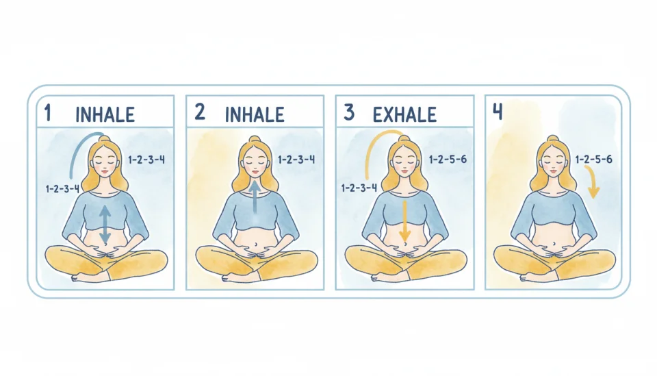 Watercolor illustration in soft blues and warm yellows showing a simple step-by-step breathing guide panel: four sequential images of a woman demonstrating diaphragmatic breathing, with gentle arrows indicating breath flow direction, numbers 1-2-3-4 marking inhale counts and 1-2-3-4-5-6 marking exhale counts, painted in a clean instructional style with hand-drawn labels reading INHALE and EXHALE, educational and calming visual design