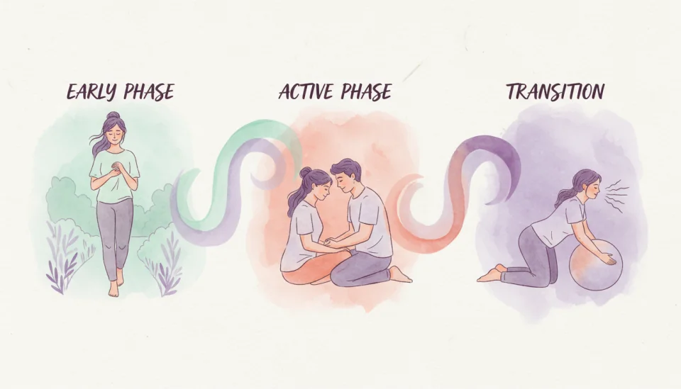 Watercolor infographic in gentle purple, mint green and coral tones showing three distinct phases of labor illustrated as flowing connected panels: early labor with a woman walking and breathing calmly labeled EARLY PHASE, active labor showing focused breathing with a partner support labeled ACTIVE PHASE, and transition phase with intense breathing pattern labeled TRANSITION, painted with soft watercolor washes and hand-lettered English labels, educational and supportive visual style