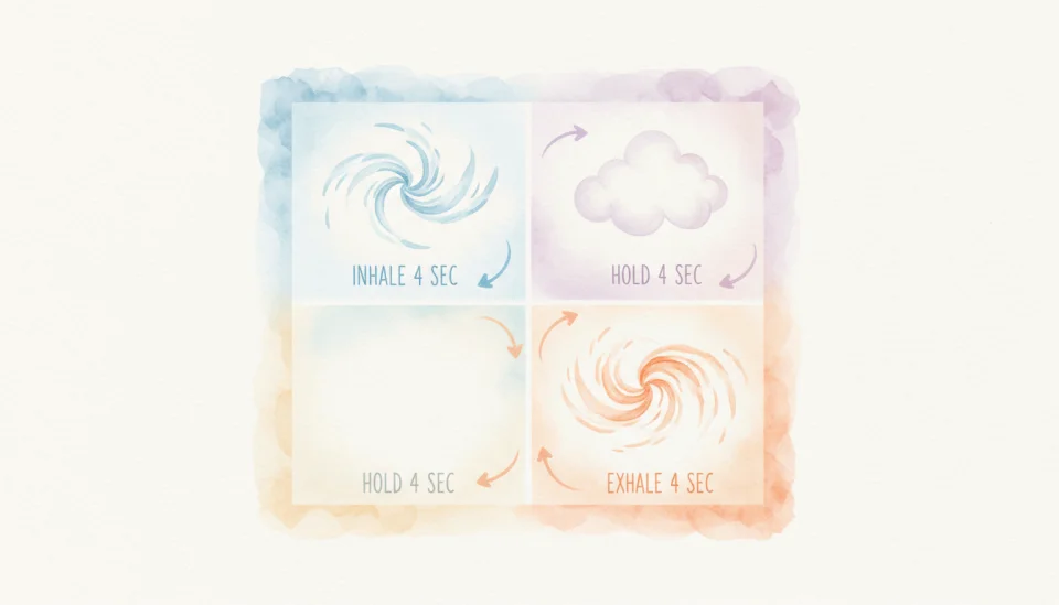 Watercolor instructional diagram showing four gentle watercolor panels arranged in a square layout, each panel illustrating one phase of box breathing with soft imagery: top left panel shows delicate blue wisps flowing inward labeled INHALE 4 SEC, top right shows still peaceful clouds labeled HOLD 4 SEC, bottom right shows warm orange wisps flowing outward labeled EXHALE 4 SEC, bottom left shows calm stillness labeled HOLD 4 SEC, arrows connecting panels clockwise, pastel palette of sky blue peach cream and lavender, educational yet soothing aesthetic, wide composition with even spacing, flat illustration style with soft edges