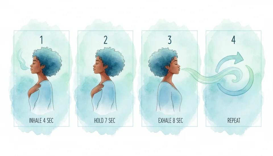 Educational watercolor illustration panel showing four sequential steps of the 4-7-8 breathing technique, painted in soft blues and greens, each panel numbered 1-4 with simple English text labels: Step 1 - INHALE 4 SEC (woman breathing in through nose), Step 2 - HOLD 7 SEC (woman with closed mouth, peaceful expression), Step 3 - EXHALE 8 SEC (woman exhaling through rounded lips), Step 4 - REPEAT (circular arrow), illustrated in a gentle instructional style with flowing watercolor borders, the woman shown is of African descent with natural hair, wearing comfortable clothing