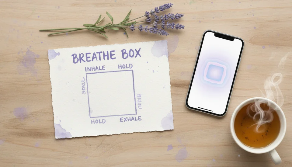 Watercolor flat lay composition on a wooden table surface showing a handwritten note card with a simple square diagram labeled BREATHE BOX, four corners marked INHALE HOLD EXHALE HOLD, beside it a smartphone displaying a breathing timer app with a glowing square animation, a cup of herbal tea steaming gently, a sprig of lavender, soft natural light from above, warm tones of honey beige cream and soft purple, cozy self-care aesthetic, overhead shot with shallow depth of field, delicate watercolor textures suggesting calm organization