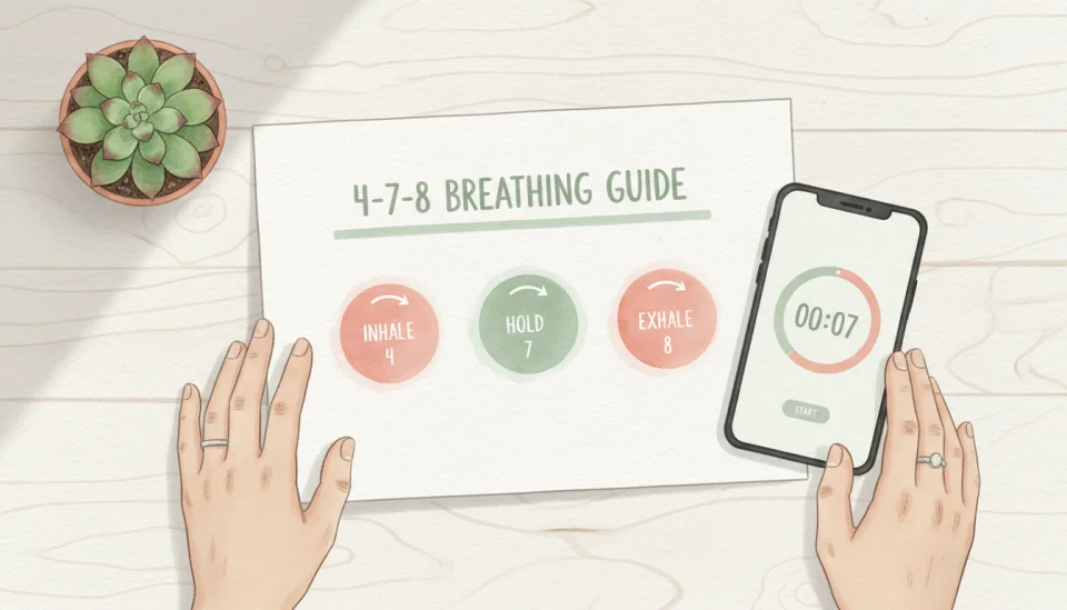 Watercolor illustration of a printable cheat sheet and smartphone timer setup on a wooden surface, the cheat sheet shows a simple diagram with "4-7-8 BREATHING GUIDE" as header, three circular icons labeled INHALE 4, HOLD 7, EXHALE 8 with small arrows, painted in calming sage green and soft coral tones, beside it a smartphone displaying a minimalist timer interface with gentle color coding, a small succulent plant in corner, painted with loose watercolor technique showing wood grain texture and paper texture, top-down perspective with natural morning light, Mediterranean woman hands gently touching the materials