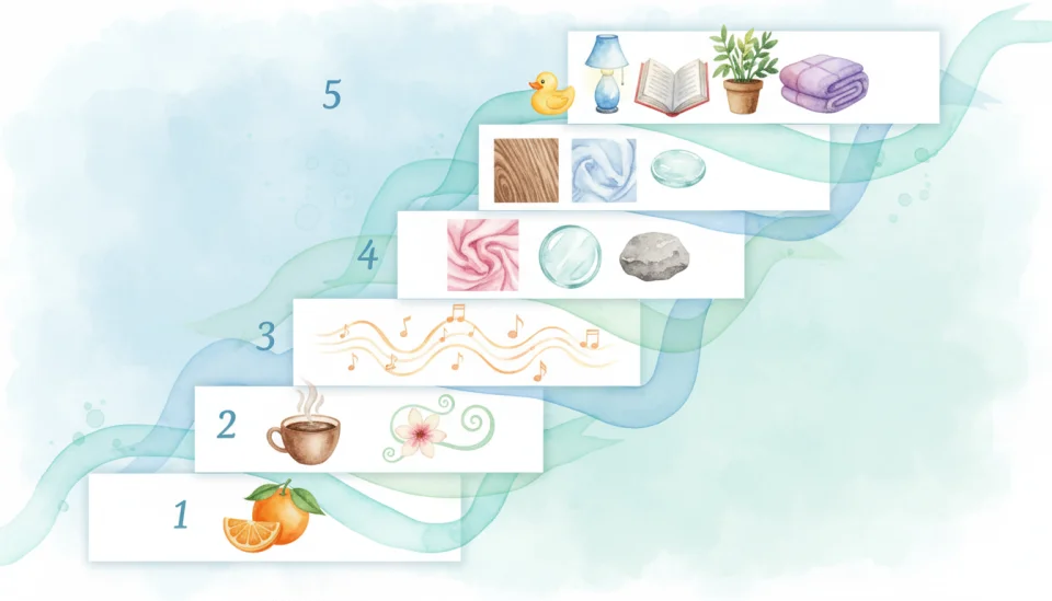 Watercolor infographic showing five illustrated panels arranged in descending steps, each panel depicting a different sense with soft pastel colors: first panel shows five colorful objects (toy, lamp, plant, book, blanket), second shows four textured surfaces (wood grain, soft fabric, smooth glass, rough stone), third shows three sound waves with musical notes, fourth shows two scent sources (coffee cup and flower), fifth shows one taste element (piece of fruit), each panel numbered 5-4-3-2-1 in gentle handwritten style, connected by flowing watercolor ribbons in calming blues and greens, educational yet artistic composition