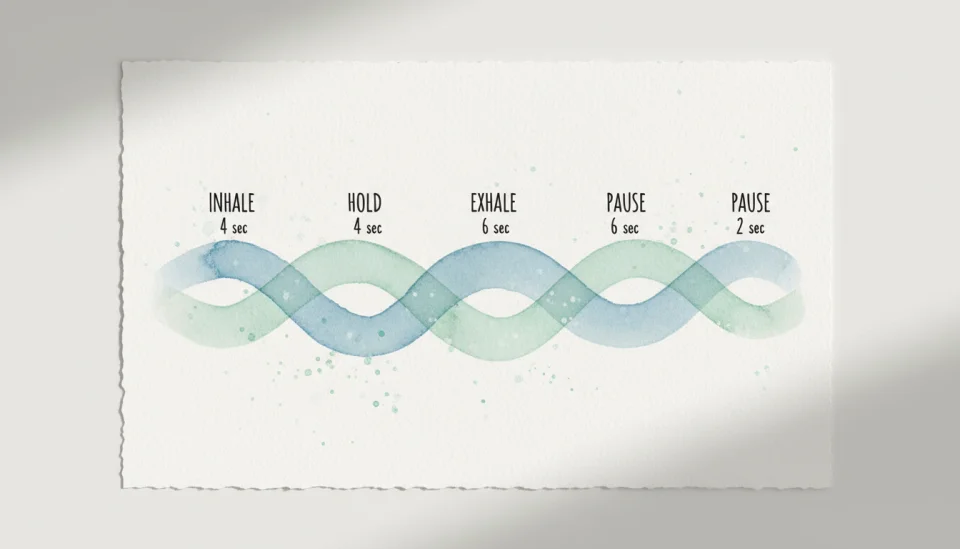 Watercolor instructional card showing breathing rhythm visualization, four gentle wave-like curves in soft blues and greens representing the 4-4-6-2 breathing pattern, each wave labeled in English: INHALE 4 sec, HOLD 4 sec, EXHALE 6 sec, PAUSE 2 sec, delicate watercolor washes, calming ocean-inspired palette, clean modern layout with subtle texture, educational yet soothing aesthetic, top-down view, soft natural lighting