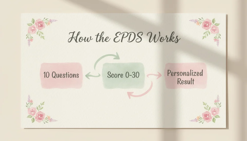 Watercolor infographic panel showing a simple flowchart on cream paper, titled "How the EPDS Works" in elegant handwritten font, soft arrows connecting three stages: "10 Questions" → "Score 0-30" → "Personalized Result", decorated with tiny watercolor flowers in corners, warm afternoon light, flat lay perspective, educational and approachable design, pastel pink and sage green accents