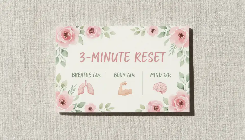 Watercolor wallet-sized reminder card design, front view, soft cream background with delicate floral border in muted pinks and greens, clear English text layout reading: 3-MINUTE RESET at top, then three sections labeled BREATHE 60s, BODY 60s, MIND 60s with tiny illustrative icons (lungs, flexed arm, brain), gentle watercolor texture, portable card format, practical yet beautiful, flat lay perspective, natural daylight, calming pastel palette