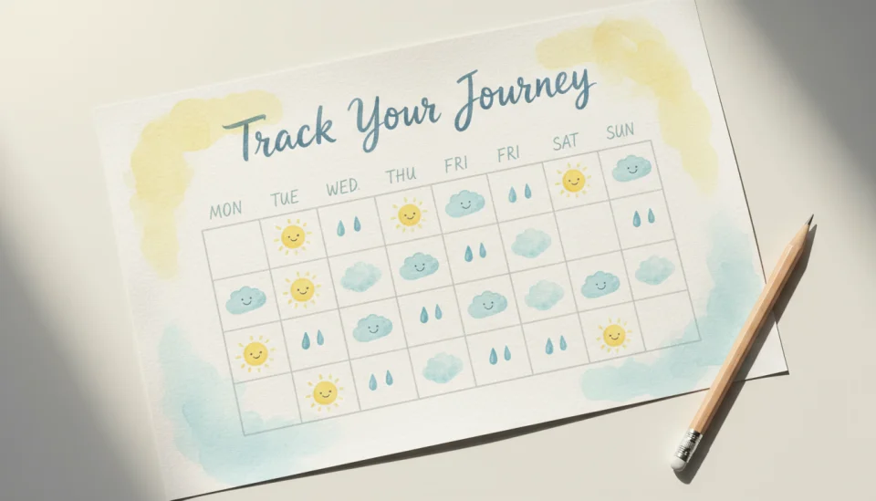 Watercolor calendar page for two weeks on soft paper, each day marked with small emotion icons (sun, cloud, rain), gentle hand-drawn style, title "Track Your Journey" in flowing script at top, pastel yellow and blue watercolor washes, flat lay with soft pencil beside it, encouraging and hopeful visual, warm natural light