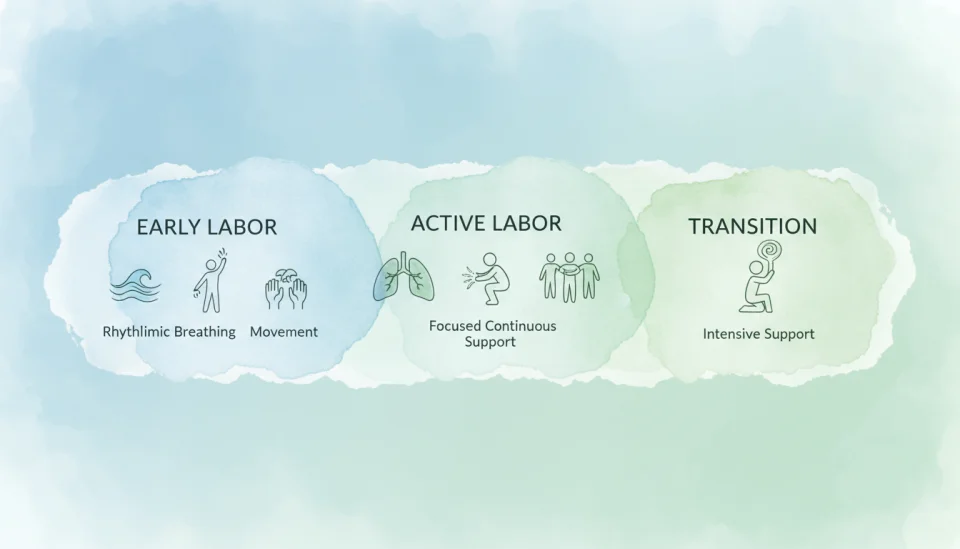 Watercolor infographic-style illustration showing a simple timeline chart with three phases labeled EARLY LABOR, ACTIVE LABOR, TRANSITION in clean sans-serif font, each phase showing small icons representing breathing, movement, and support techniques, soft gradient background in calming blues and greens, educational and clear visual design, wide horizontal composition, organized and accessible mood