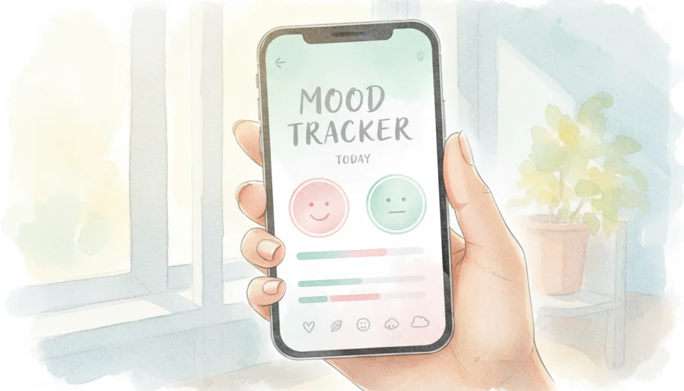 Watercolor illustration of a smartphone screen showing a simple mood tracking app interface with two profiles side by side, soft pastel colors of mint green, blush pink, and light grey, gentle hand holding the phone, warm natural light, clean and modern design, text on screen reads MOOD TRACKER and TODAY in English, delicate brushstrokes conveying hope, connection, and digital support