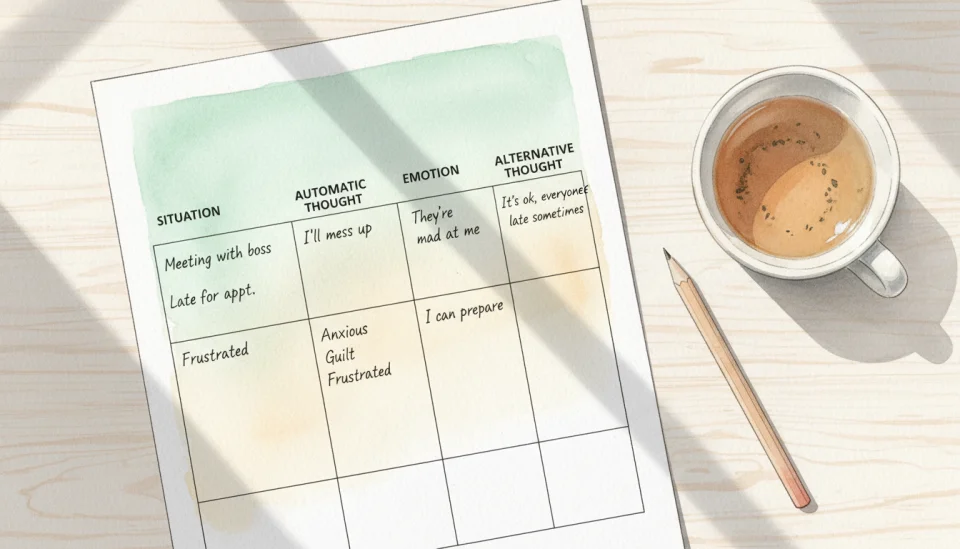 Watercolor illustration of a structured worksheet layout with four columns labeled SITUATION, AUTOMATIC THOUGHT, EMOTION, ALTERNATIVE THOUGHT in clear sans-serif English text, filled with handwritten notes in soft ink, pastel colors of mint green and warm beige, the page rests on a light wooden surface with a cup of herbal tea and a pencil nearby, top-down view, soft natural lighting, cozy and organized atmosphere, gentle shadows adding depth