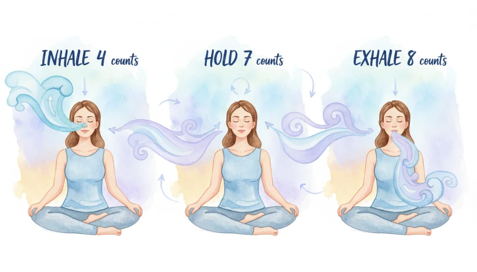 Watercolor instructional panel showing the 4-7-8 breathing technique, three connected scenes: first panel shows a woman inhaling (text: INHALE 4 counts), second panel shows her holding breath peacefully (text: HOLD 7 counts), third panel shows her exhaling with relief (text: EXHALE 8 counts), soft flowing watercolor transitions between panels in calming blues and lavenders, gentle arrows connecting the steps, educational yet artistic style, warm and approachable