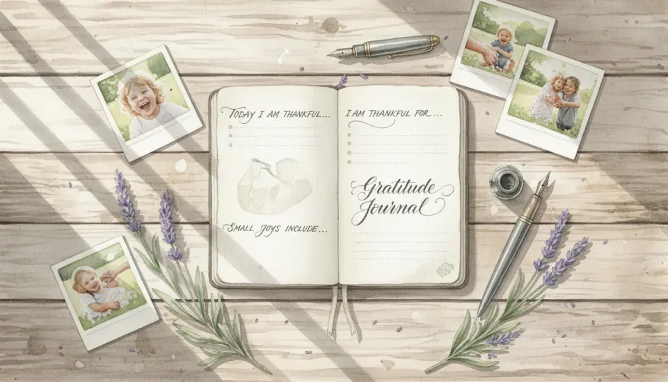 Watercolor style flat lay composition on weathered wooden table showing an open journal with handwritten gratitude prompts in English, scattered polaroid photos of family moments, fresh lavender sprigs, vintage fountain pen, soft morning sunlight creating long shadows, muted palette of sage green cream and warm beige, overhead bird eye view perspective, artful arrangement suggesting gentle organization and mindful living, delicate watercolor textures throughout