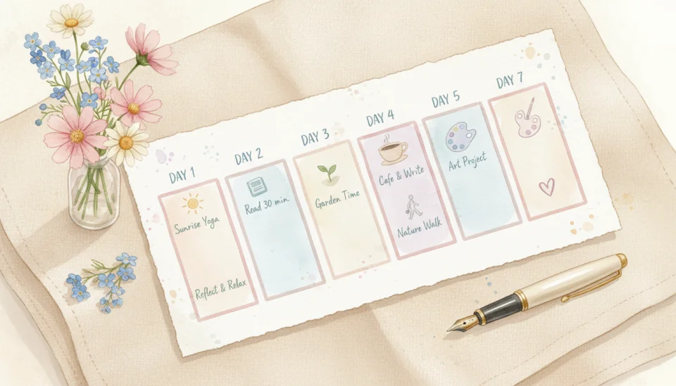 Watercolor illustration of a weekly planner layout with seven boxes labeled DAY 1 through DAY 7 in English, each box contains a simple icon and short task description in handwritten style, soft pastel colors of blush pink, sky blue, and cream, the planner lies on a linen tablecloth with a small vase of wildflowers and a fountain pen, overhead view, gentle morning light, calm and encouraging atmosphere, delicate watercolor textures