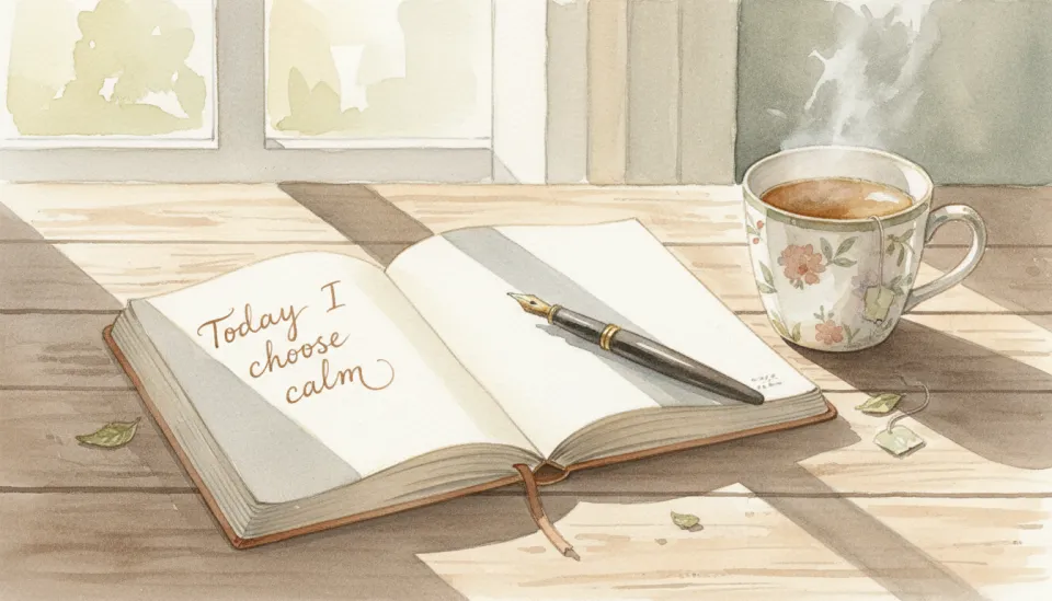 Watercolor illustration of an open journal on a wooden table with a fountain pen resting on blank pages, a steaming mug of herbal tea beside it, soft afternoon light filtering through a nearby window, handwritten text visible on the left page reading "Today I choose calm", gentle washes of cream, soft brown, and pale green, intimate and reflective mood, delicate line work and transparent layers characteristic of watercolor painting