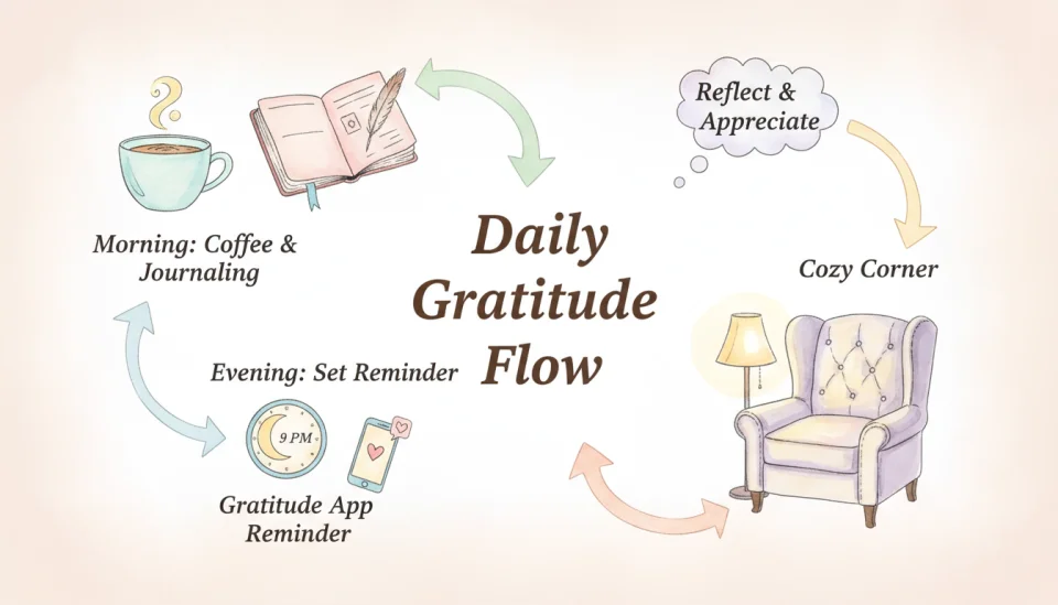 Watercolor infographic style illustration showing a daily routine flowchart in soft pastel colors, hand-drawn elements depicting morning coffee cup, open journal with pen, clock showing 9pm, smartphone with gratitude app notification, cozy armchair, gentle arrows connecting the steps, text labels in English describing each step of the gratitude practice, warm lighting suggesting evening ritual, organized yet organic composition, encouraging and accessible visual language