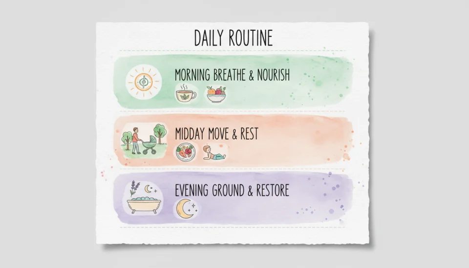 Watercolor daily schedule planner layout showing a gentle routine, divided into morning, midday, and evening sections with small illustrative icons: sunrise with breathing symbol, stroller in park, healthy meal plate, yoga pose, bath with lavender, moon and stars, soft pastel color coding for each time block in mint green, peach, and lavender, hand-drawn aesthetic, encouraging and organized feel, text labels: MORNING BREATHE & NOURISH, MIDDAY MOVE & REST, EVENING GROUND & RESTORE